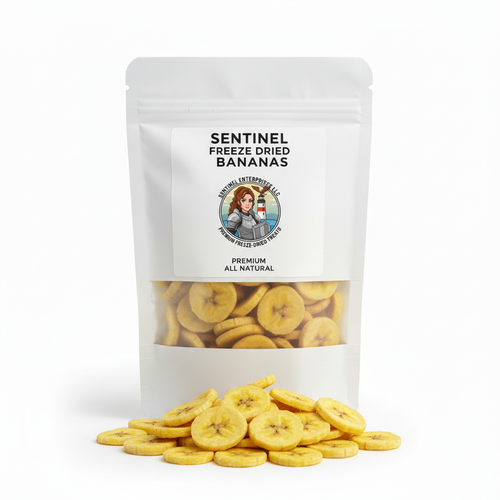 Freeze Dried Bananas in Sentinel branded packaging